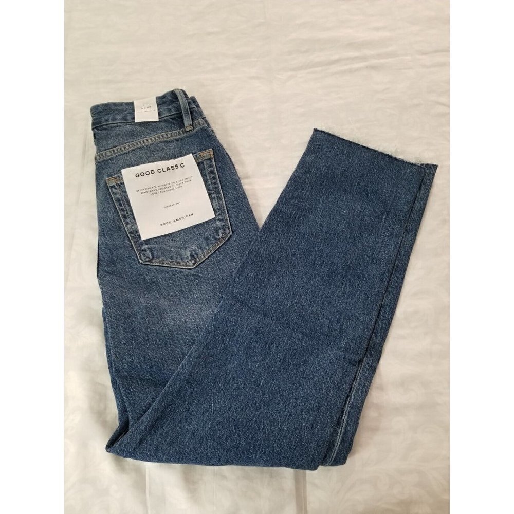 Good American Good Classic Skinnyish Fit Raw Hem Blue Hi-Rise Jeans Sz 8/29